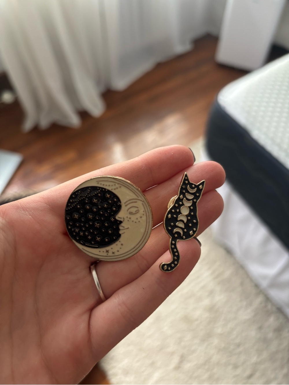 Celestial Moon & Cat Enamel Pin Set - Black and Gold